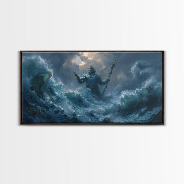 Majestic Mythical Ocean God Painting Wall Art Canvas Print For Coastal Rustic Home Decor And Living Room