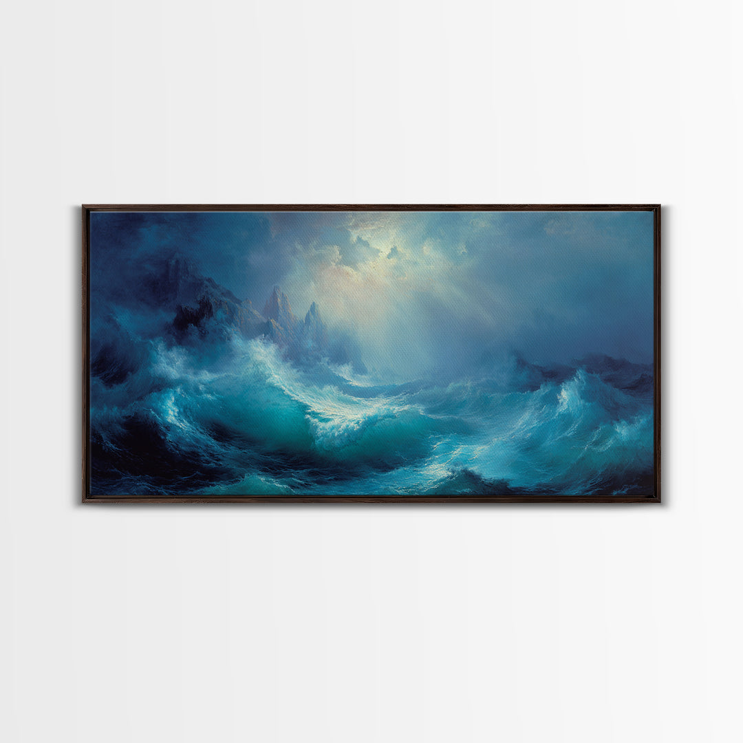 Stormy Turquoise Blue Ocean Waves Canvas Print, Dramatic Seascape Wall Decor, Coastal Landscape Art For Living Room Decor