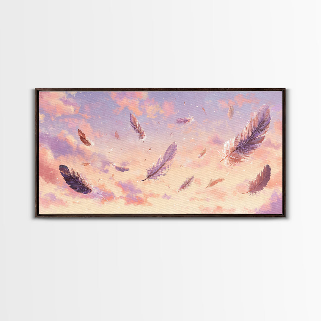 Floating Feathers Canvas Print, Pastel Sunset Sky Wall Art, Dreamy Celestial Decor, Soft Boho Bedroom Wall Decor, Gift For Her