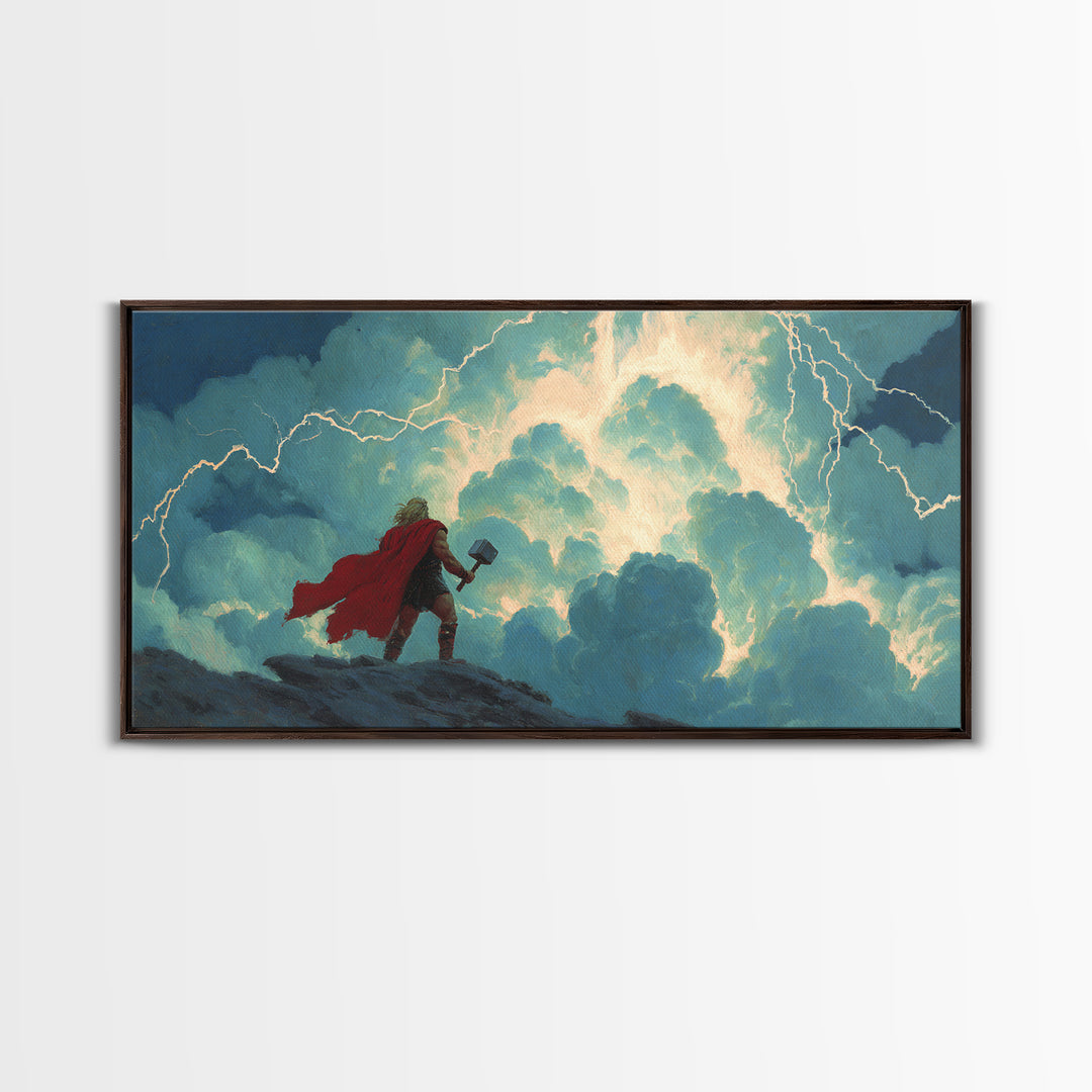 Norse Thunder God With Hammer Wall Art, Lightning Storm Mythology Canvas Decor, Viking Fantasy Print For Game Room Decor