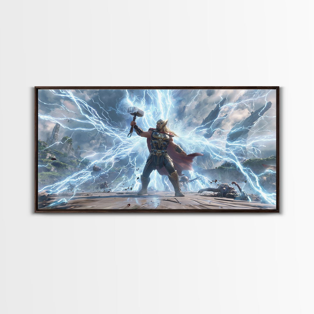 Epic Fantasy Artwork Of Thunder God Wielding Hammer Lightning Storm Detailed Surreal Wall Art Canvas Print