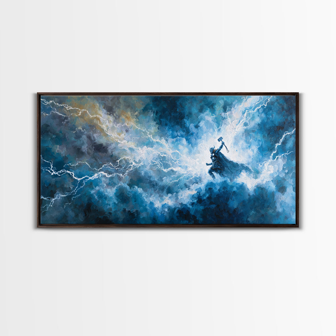 Thunder God In Lightning Storm Canvas Print Epic Fantasy Wall Art, Blue Mythology Home Decor, Viking Inspired Gift For Him