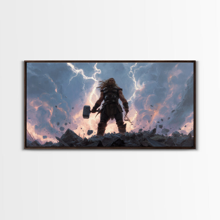 Thunder God Warrior With Hammer And Lightning Wall Art, Mythological Fantasy Canvas Print, Dramatic Storm Decor Gift For Him