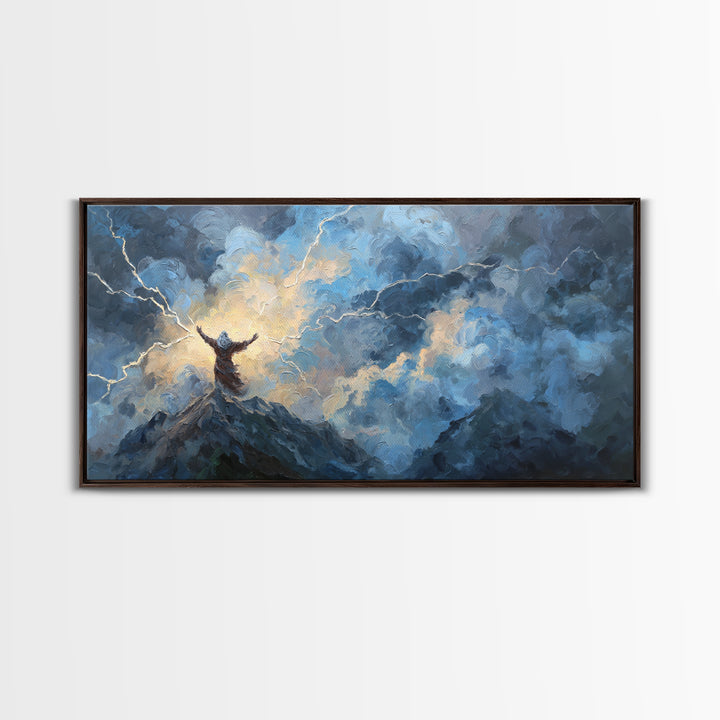 Storm Figure On Mountain Peak Canvas Print Lightning Sky Wall Art, Mythological Fantasy Landscape For Dramatic Home Decor