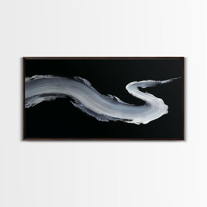 Abstract Bold White Brushstroke On Black Background Modern Wall Art, Canvas Print For Contemporary Home Decor And Office Decoration