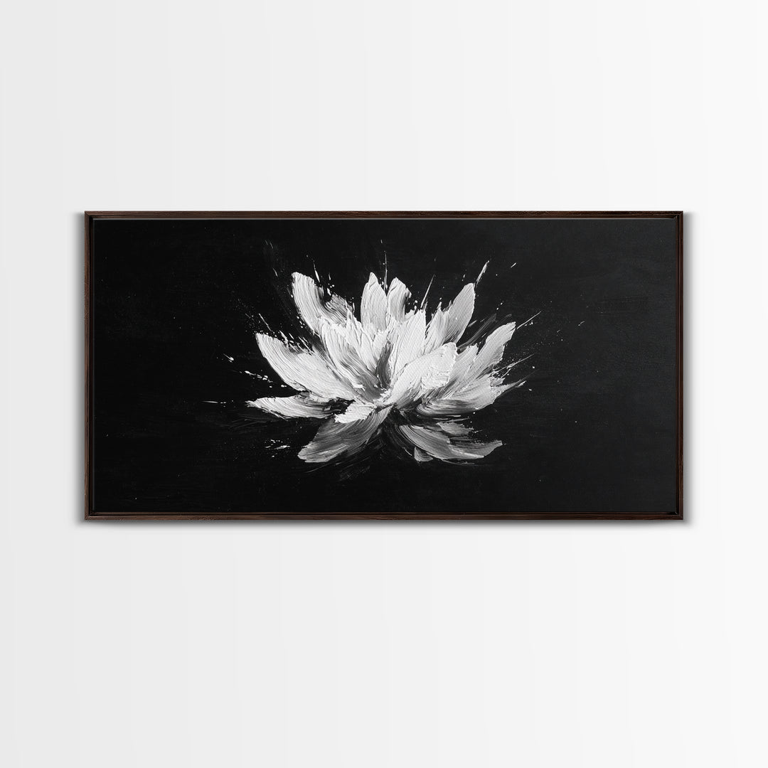 Abstract White Flower On Black Background Minimalist Wall Art Modern Home Decor Canvas Print For Living Room And Bedroom