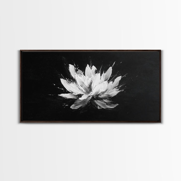 Abstract White Flower On Black Background Minimalist Wall Art Modern Home Decor Canvas Print For Living Room And Bedroom