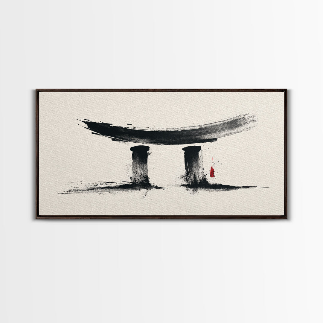 Minimalist Abstract Black Ink Calligraphy Inspired Wall Art Featuring Stylized Traditional Japanese Torii Gate In Ink Wash Style Framed Canvas Print
