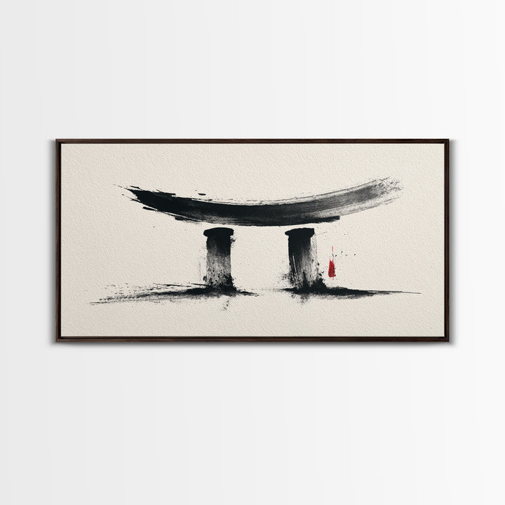 Minimalist Abstract Black Ink Calligraphy Inspired Wall Art Featuring Stylized Traditional Japanese Torii Gate In Ink Wash Style Framed Canvas Print