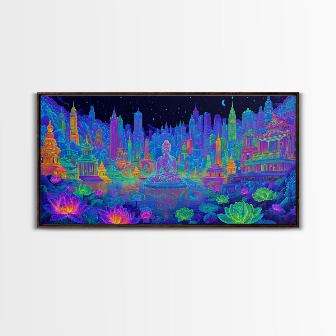Vibrant Neon Cityscape With Buddha Statue And Lotus Flowers Modern Wall Art Colorful Spiritual Canvas Print