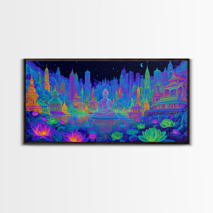 Vibrant Neon Cityscape With Buddha Statue And Lotus Flowers Modern Wall Art Colorful Spiritual Canvas Print