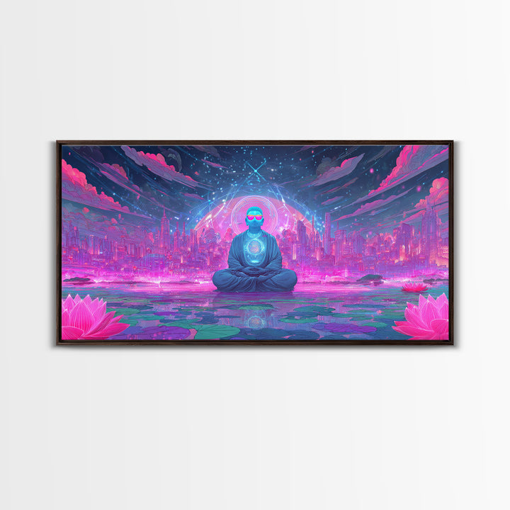 Futuristic Meditating Figure With Neon Cityscape Abstract Wall Art Framed Canvas Print For Office And Living Room