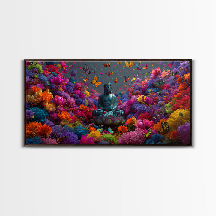 Meditative Buddha Statue Surrounded By Colorful Flowers And Butterflies Contemporary Wall Art Framed Canvas Print