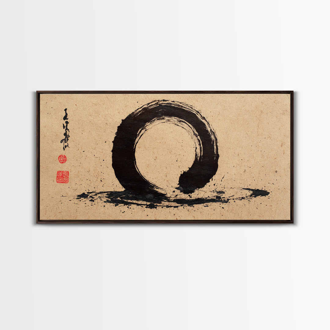 Minimalist Black Ink Enso Circle Painting On Textured Paper Modern Abstract Wall Art Framed Canvas Print For Contemporary Home Decor