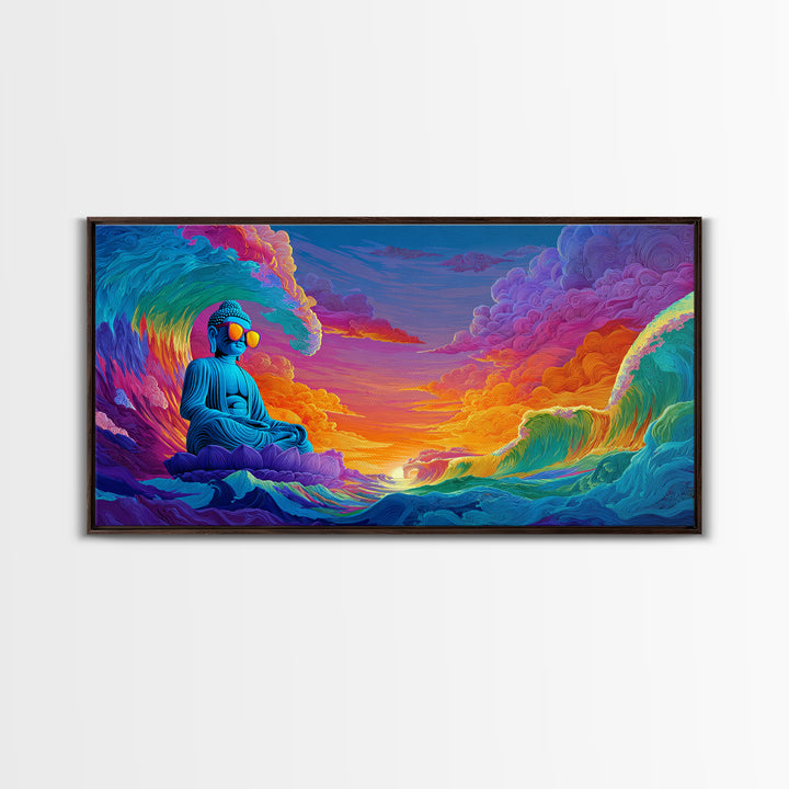 Vibrant Ocean Waves And Blue Buddha Sunset Landscape Wall Art Canvas Print For Relaxing Home Decor And Living Room