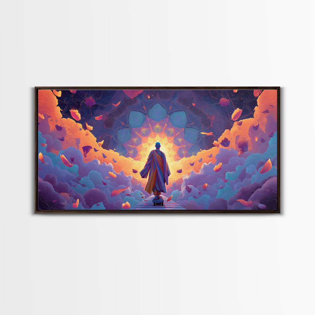Mystical Monk Walking On Path Surrounded By Glowing Petals Spiritual Canvas Print Meditative Wall Art For Home Decor