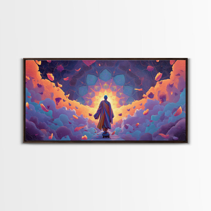 Mystical Monk Walking On Path Surrounded By Glowing Petals Spiritual Canvas Print Meditative Wall Art For Home Decor