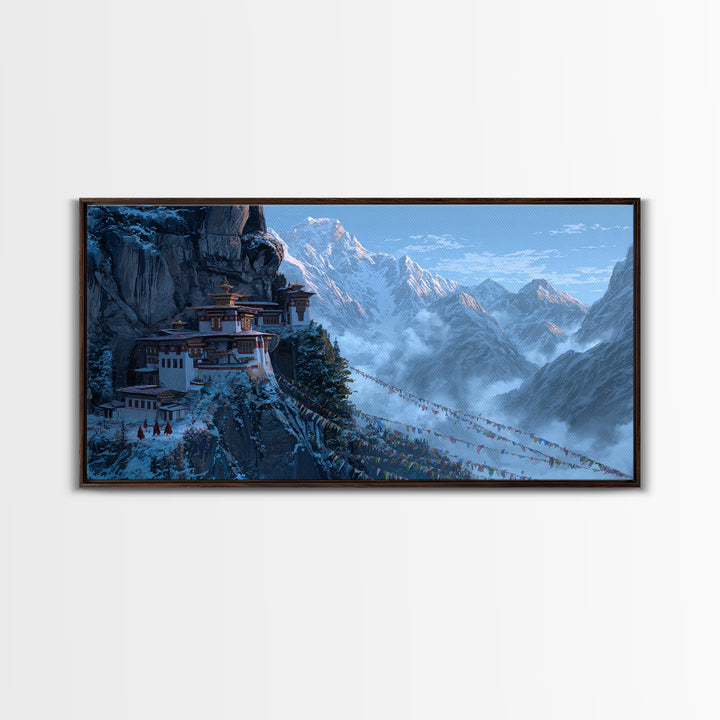 Snowy Mountain Monastery Landscape With Prayer Flags Serene Nature Scene Wall Art Framed Canvas Print For Meditation Room Decor