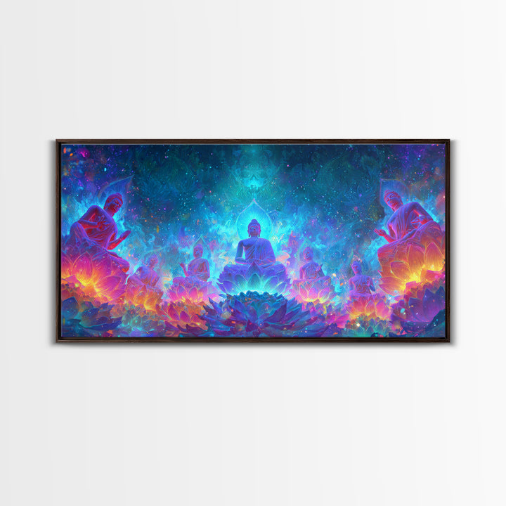 Mystical Buddha Statues Surrounded By Vibrant Lotus Flowers Spiritual Wall Art For Yoga Room Decor Canvas Print