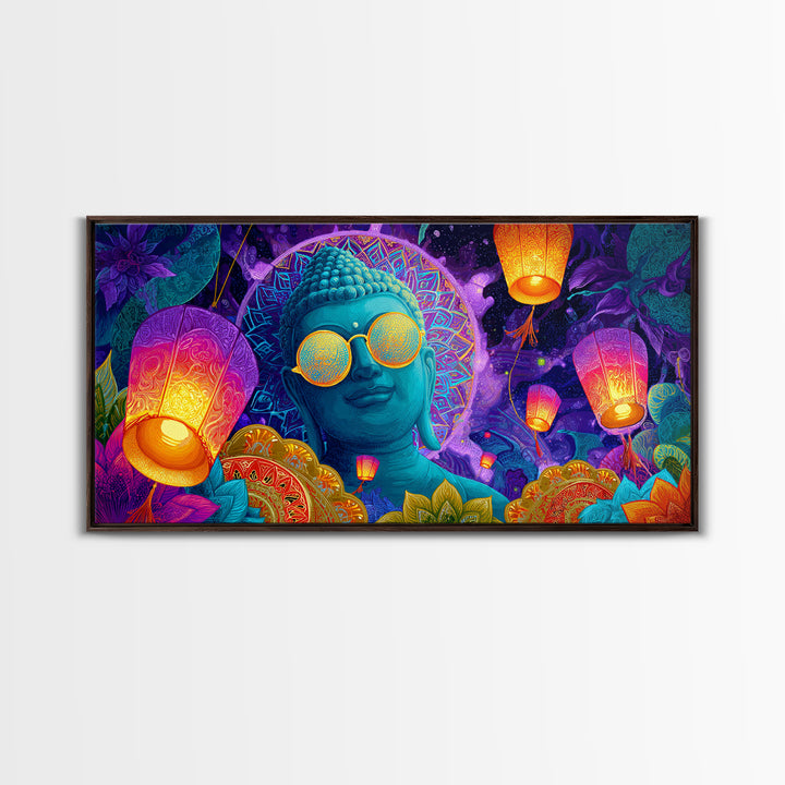 Colorful Buddha Statue With Lanterns And Floral Mandala Neon Art Print Modern Spiritual Wall Art Framed Canvas Print