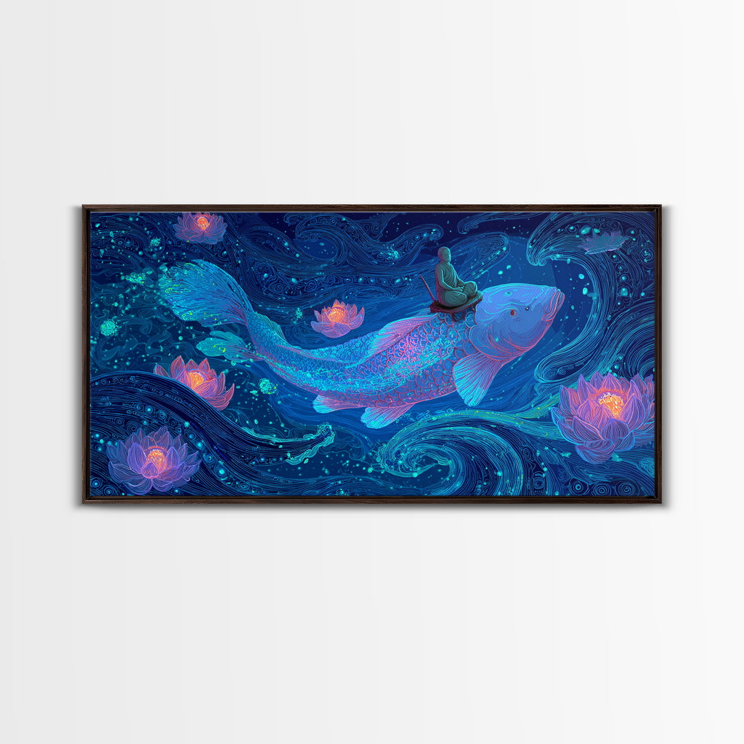 Magical Koi Fish Swimming Among Lotus Flowers In Blue Water Contemporary Wall Art Canvas Print For Zen Home Decor And Spa Rooms