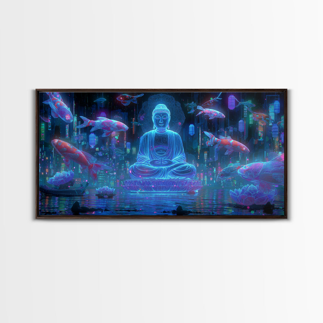 Mystical Neon Buddha Sitting With Koi Fish In Cyber Water Garden Wall Art Digital Canvas Print For Modern Home Decor