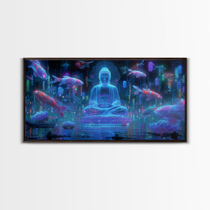 Mystical Neon Buddha Sitting With Koi Fish In Cyber Water Garden Wall Art Digital Canvas Print For Modern Home Decor