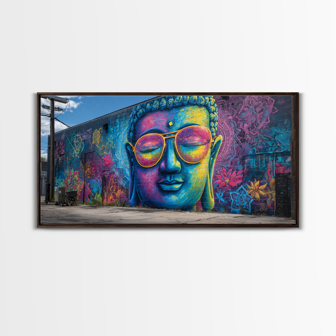 Colorful Graffiti Mural Of Buddha Wearing Sunglasses Vibrant Street Art Wall Art Framed Canvas Print