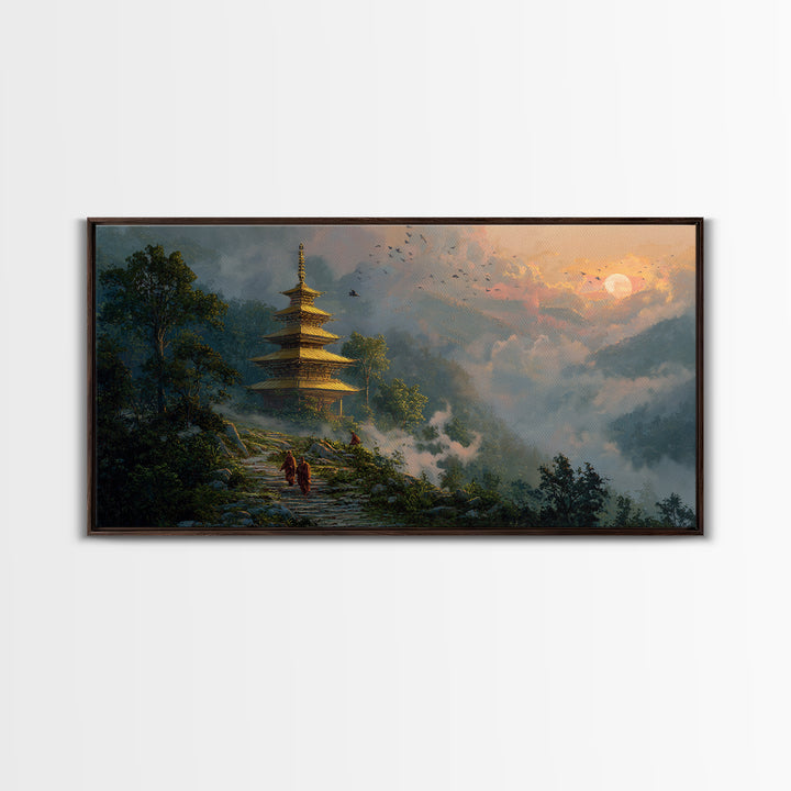 Serene Mystic Temple Amidst Lush Nature With Rising Sun Landscape Wall Art, Original Painting, Zen Home Decor Framed Canvas Print