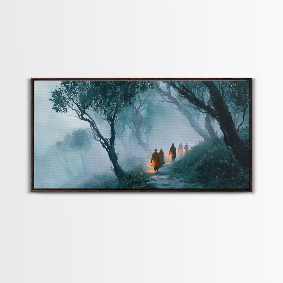 Mystical Monks Walking With Lanterns Through Foggy Forest Trail Wall Art Framed Canvas Print For Tranquil Home Decor