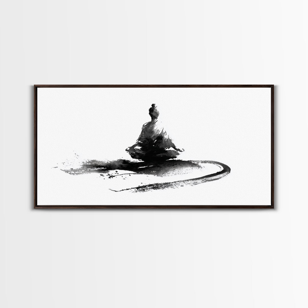 Minimalist Black And White Ink Painting Of Meditating Figure Abstract Wall Art Canvas Print For Modern Home Decor