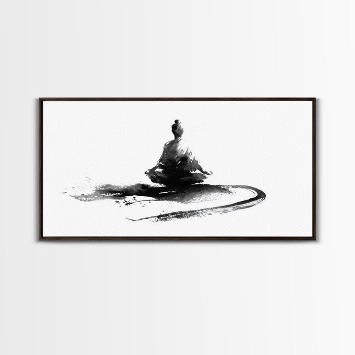 Minimalist Black And White Ink Painting Of Meditating Figure Abstract Wall Art Canvas Print For Modern Home Decor