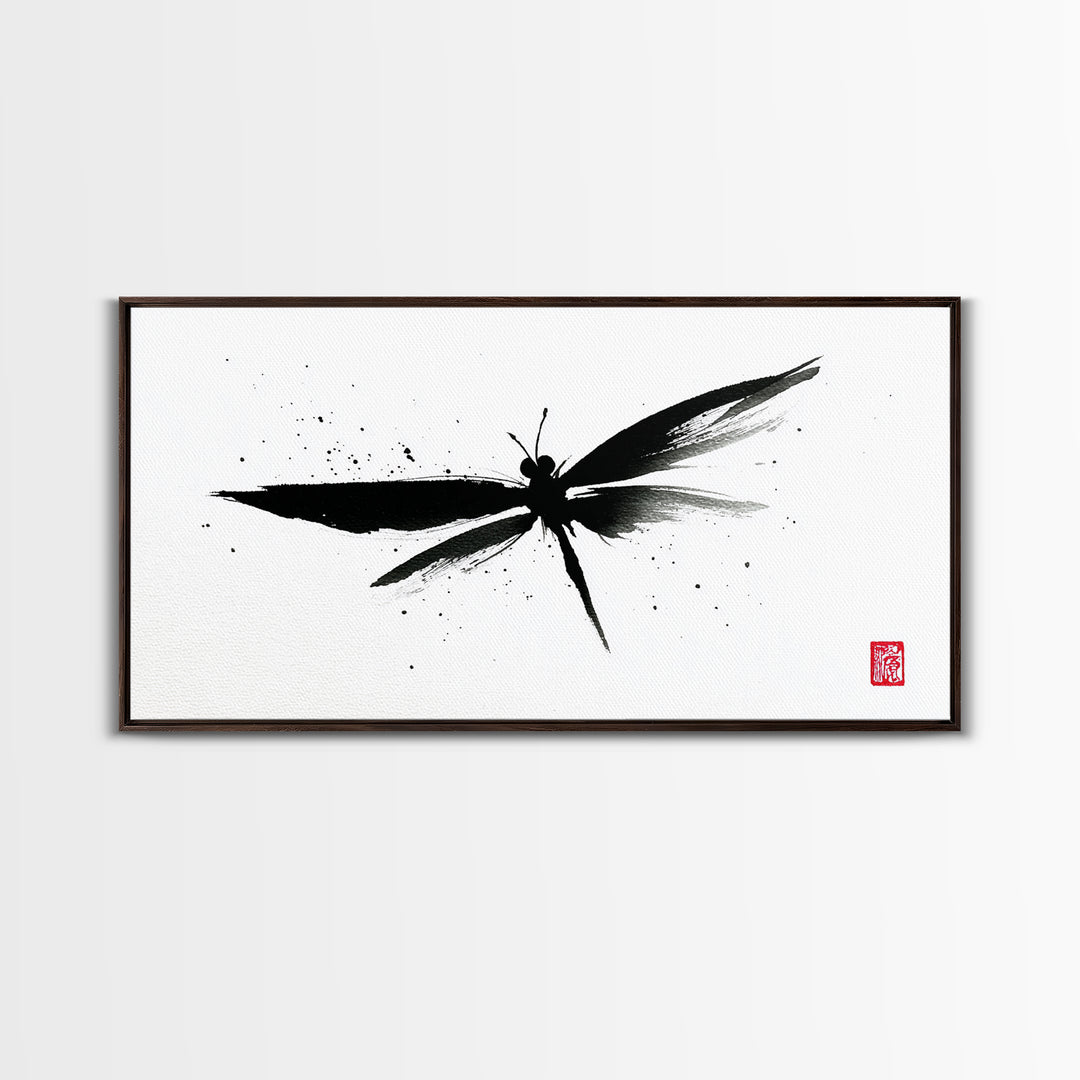 Zen Brush Stroke Dragonfly Japanese Ink Painting Minimalist Black And White Wall Art For Modern Home Decor Canvas Print