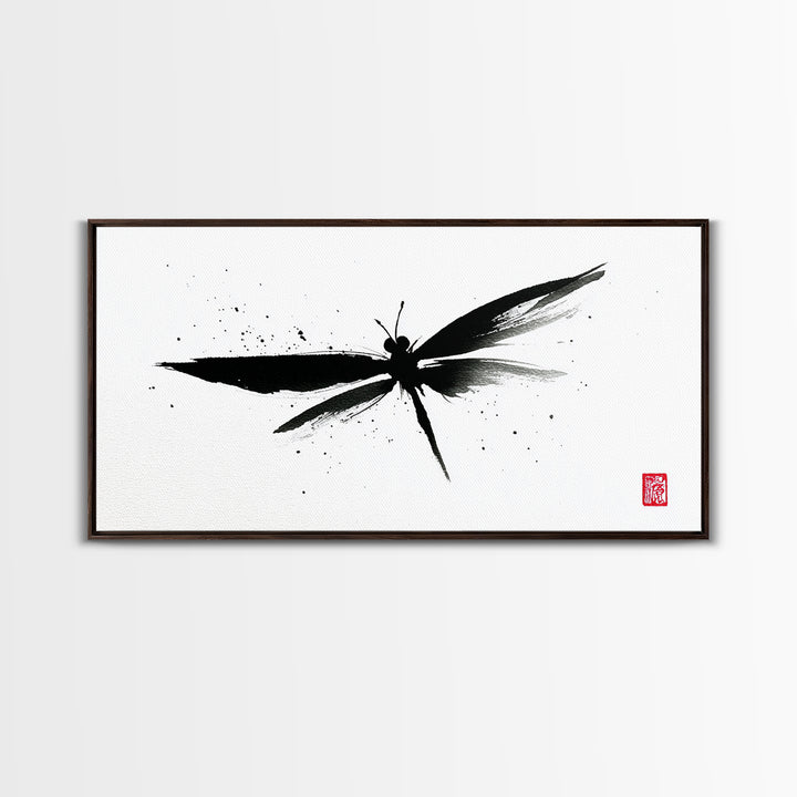 Zen Brush Stroke Dragonfly Japanese Ink Painting Minimalist Black And White Wall Art For Modern Home Decor Canvas Print