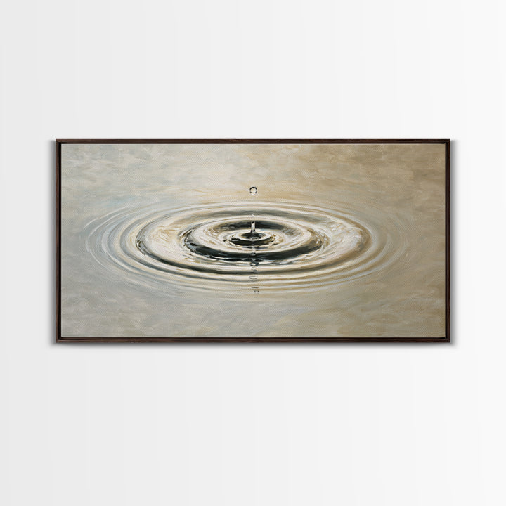 Hyperrealistic Water Drop Ripples Painting, Neutral Wall Art Framed Canvas Print For Modern Living Room Decor And Meditation Space