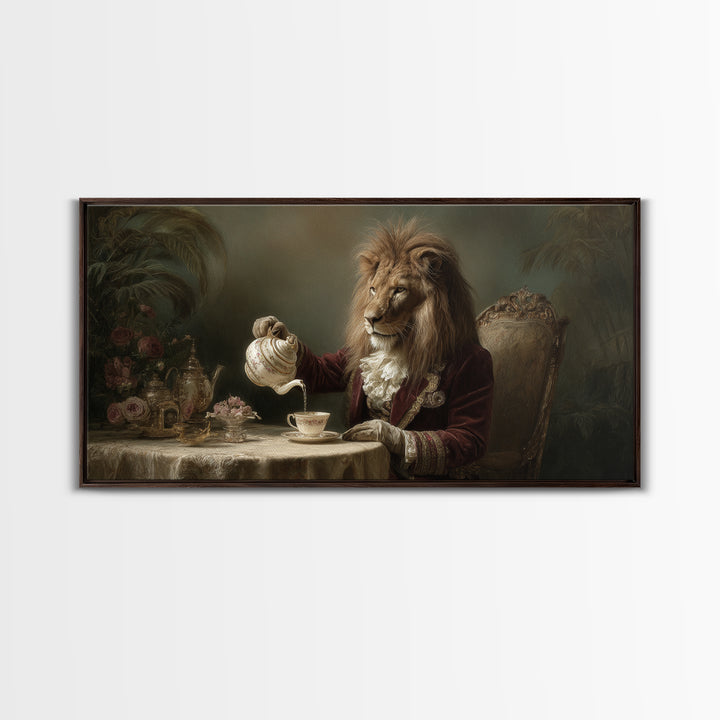 Regal Lion Having Afternoon Tea Wall Art, Whimsical Animal Canvas Print, Funny Bathroom Decor, Unique Gift For Her, Quirky Wall Decor