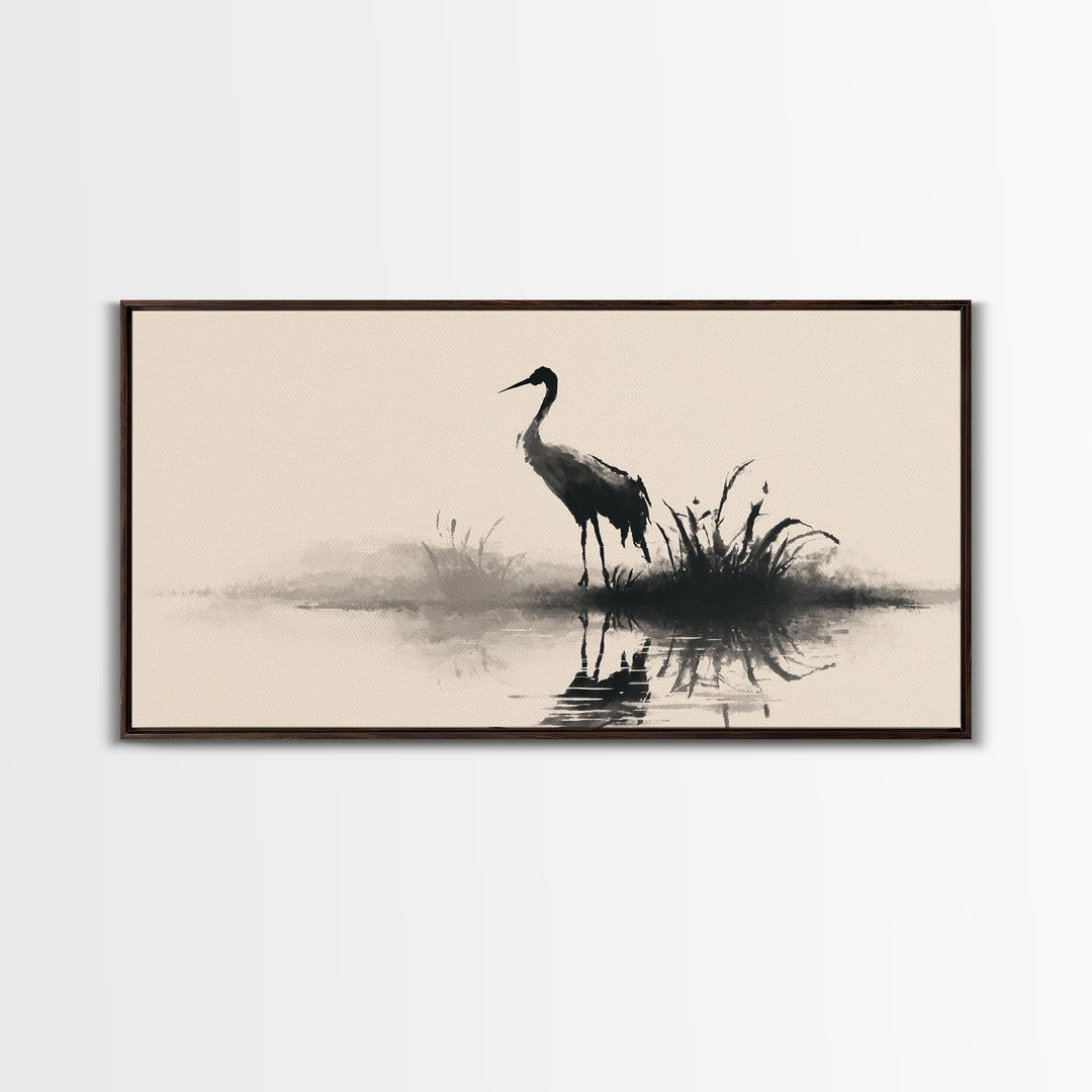 Elegant Black Crane Silhouette Reflecting Over Calm Water Minimalist Wall Art Framed Canvas Print For Home Decor