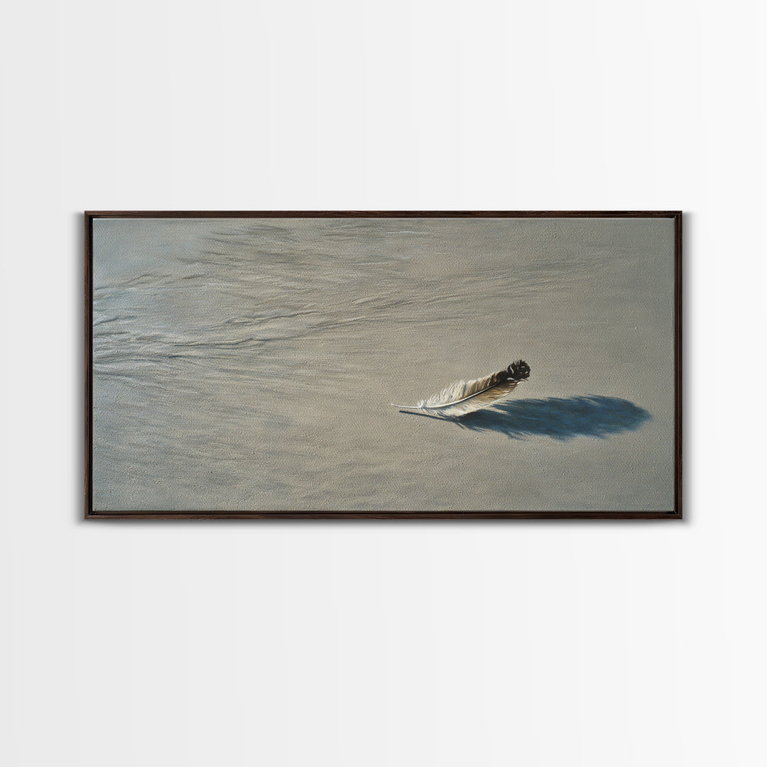 Delicate Single Feather With Realistic Shadow In Soft Beige Canvas Print For Elegant Wall Art Home Decor