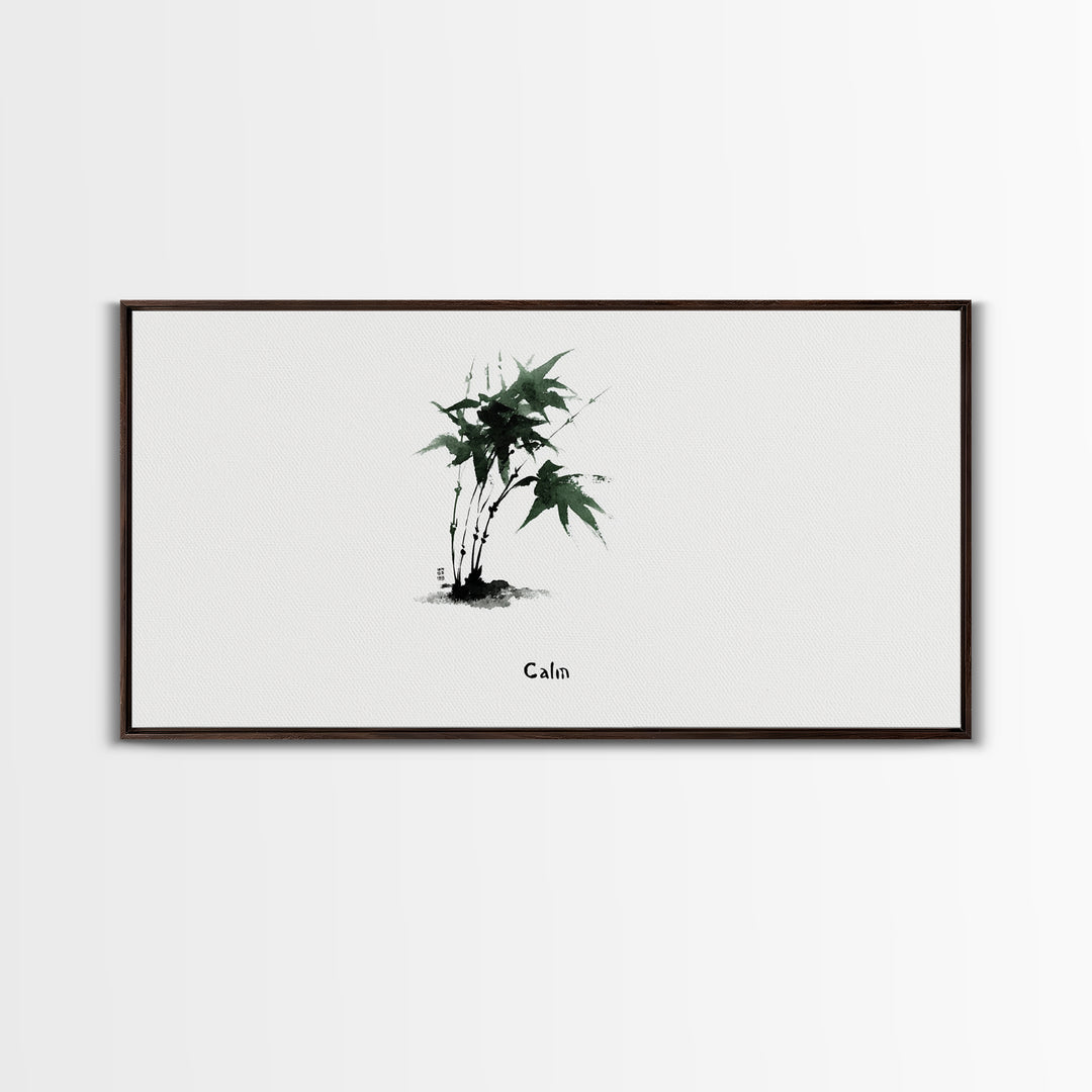 Minimalist Japanese Ink Painting Of Green Maple Leaves Calm Nature Wall Art Framed Canvas Print For Zen Home Decor