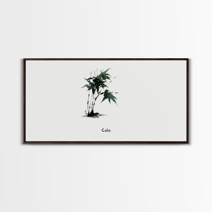 Minimalist Japanese Ink Painting Of Green Maple Leaves Calm Nature Wall Art Framed Canvas Print For Zen Home Decor