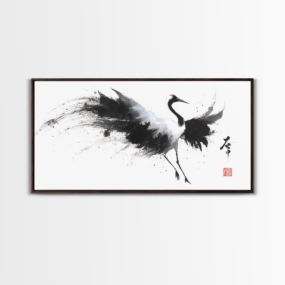 Elegant Japanese Crane Ink Painting Monochrome Art Minimalist Wall Art For Modern Home Decor Framed Canvas Print