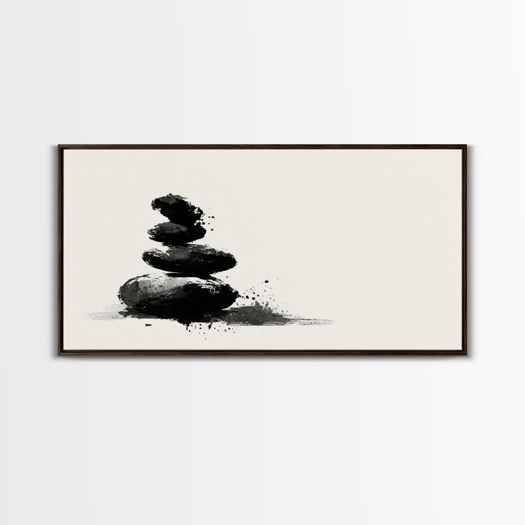 Minimalist Black And White Zen Stones Abstract Painting Wall Art Framed Canvas Print For Modern Home Decor