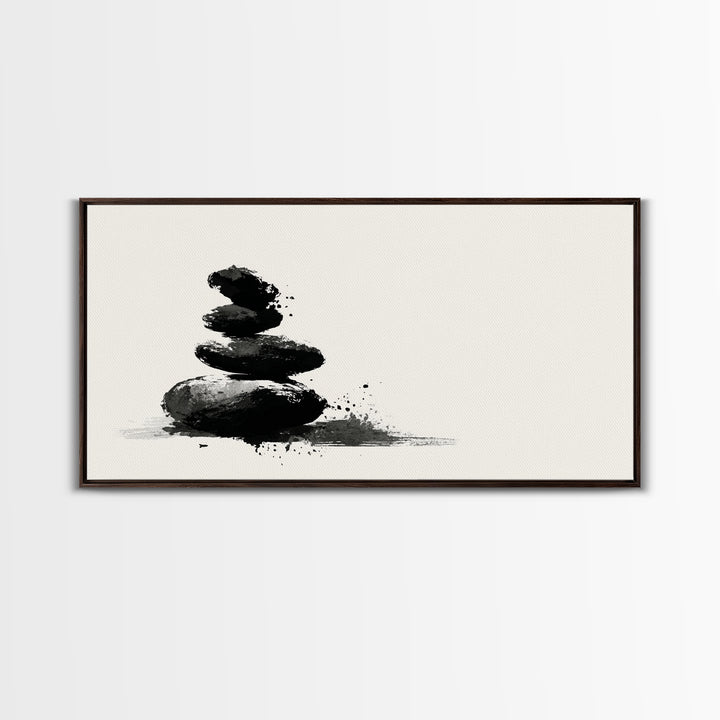 Minimalist Black And White Zen Stones Abstract Painting Wall Art Framed Canvas Print For Modern Home Decor