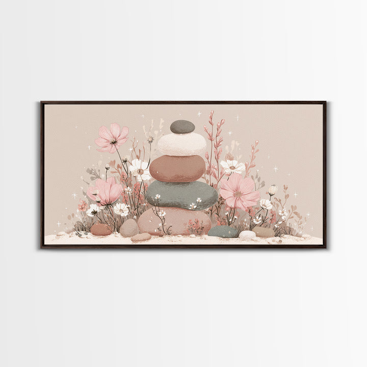 Stacked Zen Stones Wall Art, Pink Floral Spa Decor, Wabi Sabi Neutral Home Decor, Calming Bathroom Meditation Canvas Print