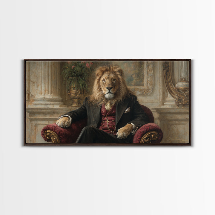 Regal Lion In Velvet Armchair Wall Art, Victorian Animal Portrait, Luxury Home Decor, Moody Living Room Art, Gift For Him