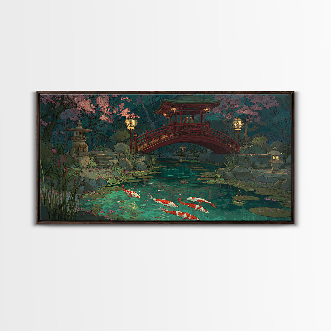 Peaceful Japanese Garden Pond With Koi Fish And Traditional Bridge Painting, Serene Wall Art, Framed Canvas Print For Zen Home Decor
