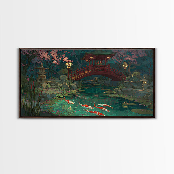 Peaceful Japanese Garden Pond With Koi Fish And Traditional Bridge Painting, Serene Wall Art, Framed Canvas Print For Zen Home Decor