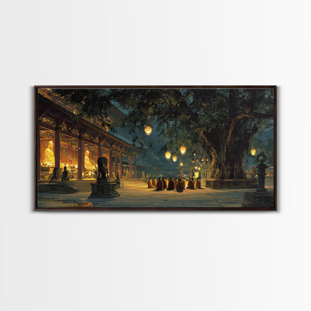 Serene Buddhist Monks Meditating Under Ancient Tree At Temple Warm Glowing Lights Wall Art Framed Canvas Print For Spiritual Home Decor