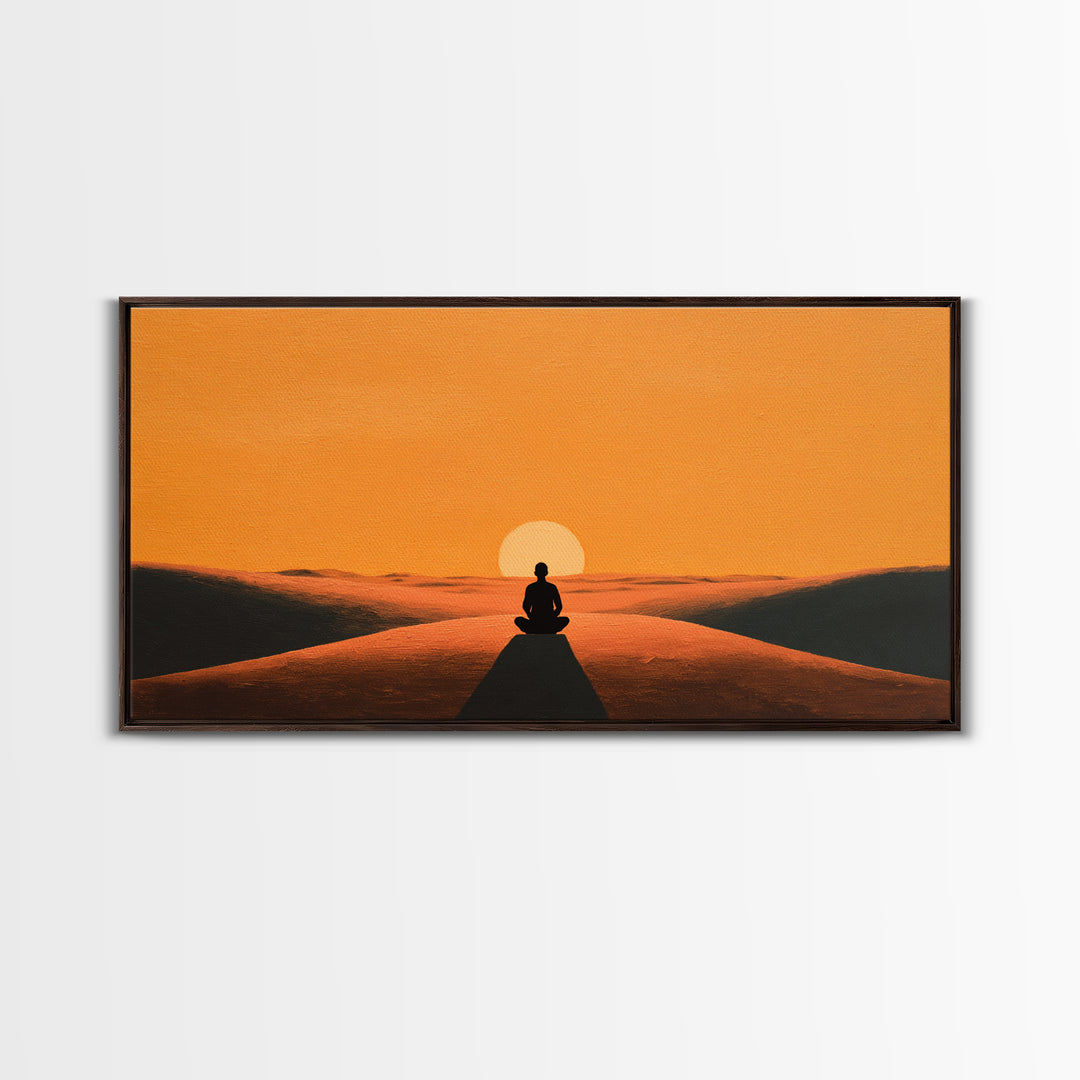 Meditative Silhouette On Warm Sunset Dunes Minimalist Wall Art Canvas Print For Relaxing Home Décor