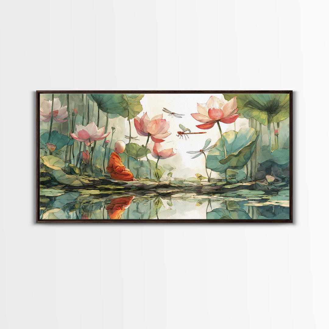 Serene Meditating Monk Among Lotus Flowers And Dragonflies Wall Art Beautiful Calm Nature Scene Framed Canvas Print